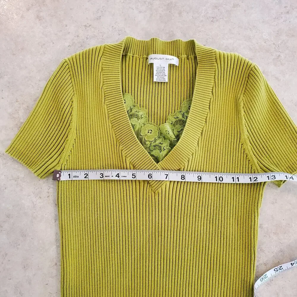 August Silk Spring Green V-Neck Sweater Tee with Lace Size L